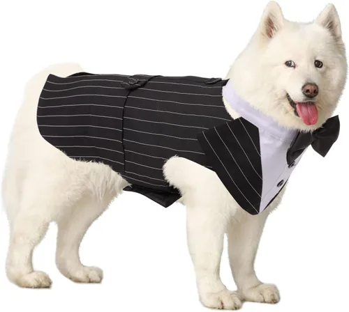 Vista 9 de DORA BRIDAL Esmoquin para perros pequeños, traje de perro y corbatín, traje formal de boda para perros, conjunto de esmoquin y bandana para Negro