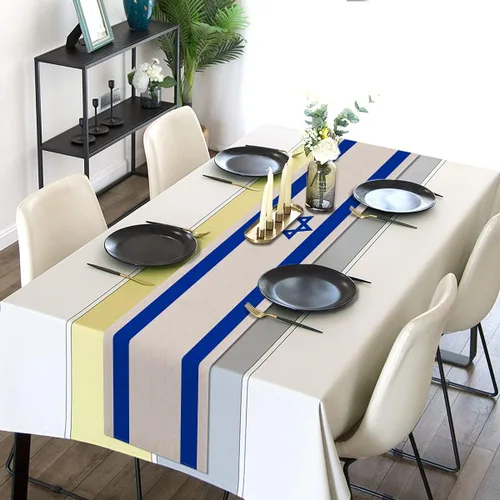Vista 2 de Camino de mesa de lino con bandera de Israel, decoración de mesa judía para Pascua, Rosh Hashaná, Sucot, Sukkah, cocina, comedor, decoración