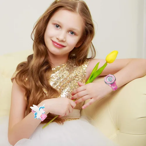 Vista 7 de 2 Pieces Kids Unicorn Watch Toddler Watch and Silicone Wristband Cute 3D Kids Digital Watch Waterproof 7 Color Lights Watch with Alarm Stopwatch