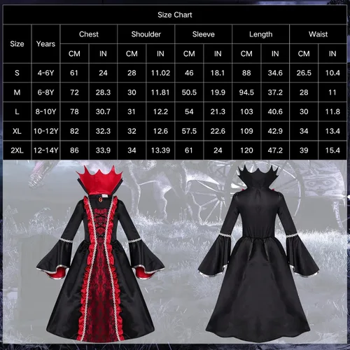 Vista 2 de yolsun Disfraz de vampiro para niñas, disfraz de reina medieval noble de Halloween Negro/Rojo