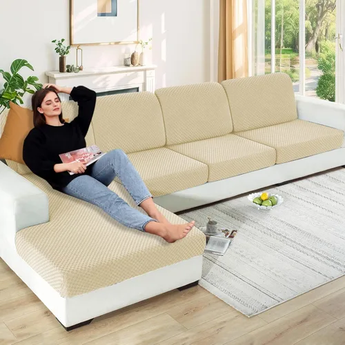 Vista 102 de YEMYHOM Funda de cojín para sofá, funda de cojín de asiento de alta elasticidad, tela jacquard geométrica de felpa, protector de sofá antideslizante