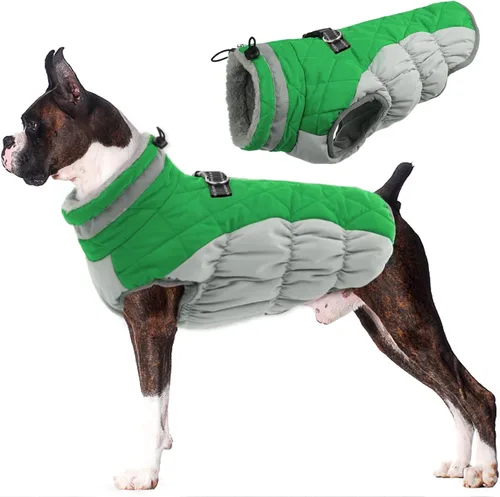 Vista 27 de Lelepet Abrigo cálido para perro, abrigo de invierno para perro, chaqueta impermeable para perros con arnés integrado reflectante de forro polar