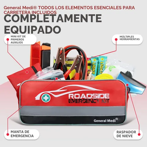 Vista 5 de General Medi Kit de emergencia para coche de 127 piezas incluye kit miniatura de primeros auxilios, cables de arranque, cuerda de remolque, vendaje