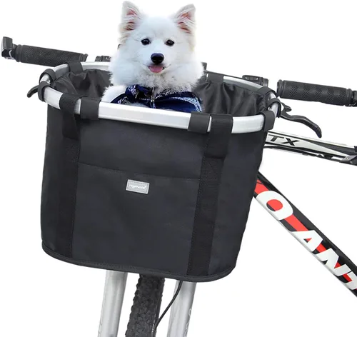 Vista 7 de RAYMACE Cesta de bicicleta para perros, cesta para manubrio de bicicleta delantera, plegable, desmontable, de liberación rápida, fácil de instalar