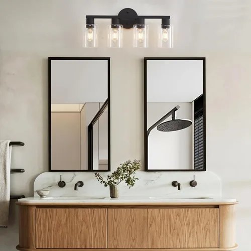 Vista 4 de Lámpara de tocador de baño de 4 luces, lámparas de baño negro mate con pantalla de vidrio transparente, 4 luces de tocador, accesorios