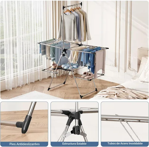 Vista 6 de APEXCHASER Estante de secado de ropa plegable de gran capacidad, estante de secado de lavandería de acero inoxidable resistente con colgador