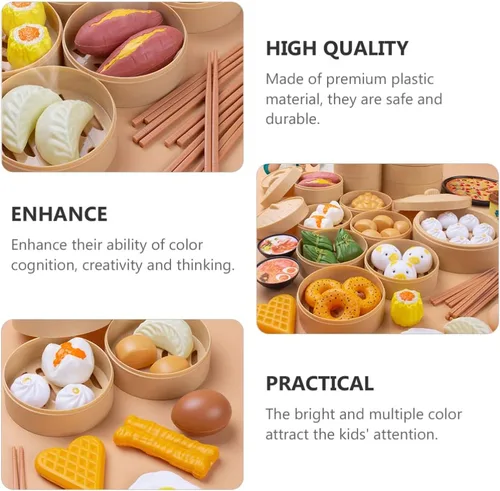 Vista 6 de NUOBESTY Juego de comida china para el desayuno, 58 piezas, juguetes de cocina con Dim Sum para cocinar alimentos para niños, juego de rol