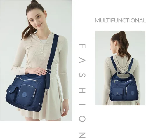 Vista 2 de Bolso Hobo multiusos para mujer con RFID antirrobo, bolsa cruzada de nailon impermeable, bolso de hombro, mochila convertible Multipurpose
