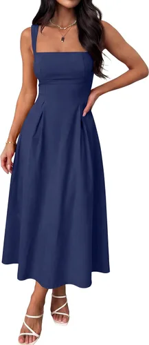Vista 9 de ANRABESS Vestido de verano para mujer, para invitada de boda, cuello cuadrado, acampanado, sin mangas, fluido, elegante, formal, cóctel, fiesta