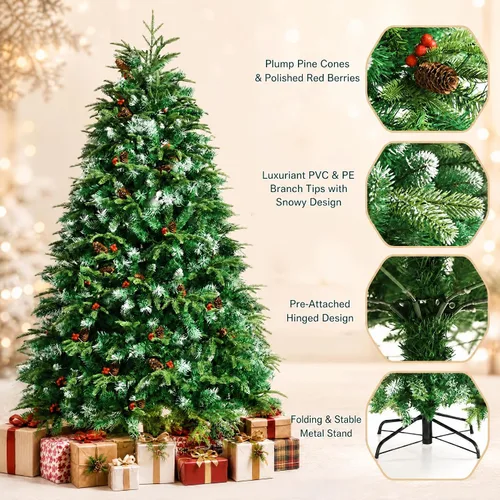 Vista 5 de COSTWAY Árbol de Navidad artificial de 6 pies, diseño preiluminado con Verde nevado