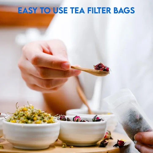 Vista 4 de 100 bolsas de té vacías de 2.5 x 2.75 pulgadas, compostables, blancas, estos infusor de té termosellables para hierbas de té sueltas son bolsas
