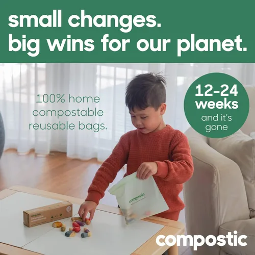 Vista 2 de Compostic Bolsas compostables de galón (60 unidades) Paquete de iniciación – Sellado con cremallera resellable, a base de plantas, compostables