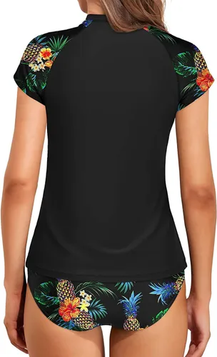 Vista 5 de Holipick Traje de baño de dos piezas de manga corta de manga corta Rash Guard Cap traje de baño con cremallera traje de baño Bulid in Bra Swim Shirt