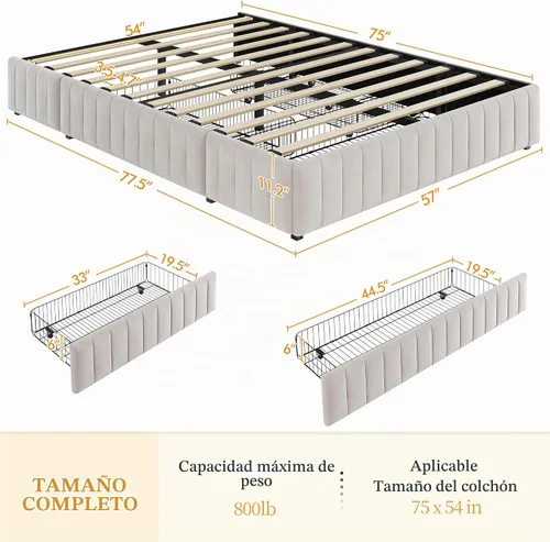 Vista 2 de Yaheetech Bastidor de cama completo con plataforma tapizada con 3 cajones de almacenamiento, gran espacio de almacenamiento/Listones de madera