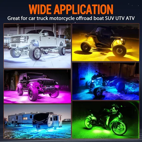 Vista 7 de Luces RGB para Rocas, 8 pods Kits de Luces Underglow de Neón, Control Remoto APP/RF y Modo Musical, Lámparas Inalámbricas Impermeables Multicolor
