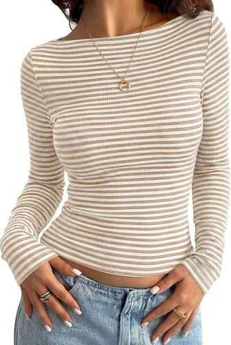 Vista 17 de PRETTYGARDEN Camisas de manga larga a rayas para mujer, tops lindos de Rayas Beige Marrón