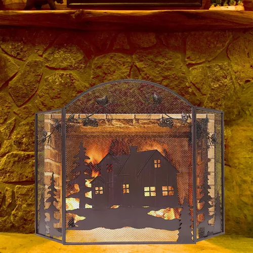 Vista 7 de BestGiftEver Pantalla decorativa para chimenea de 3 paneles con diseño de cono de pino de cabaña de casa, cubierta de chimenea, pantalla de malla