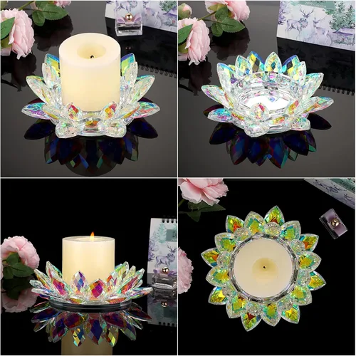 Vista 2 de OwnMy Portavelas de flor de loto de cristal para velas de pilar de hasta 3 pulgadas, portavelas votivas de pétalo de loto de vidrio decorativo