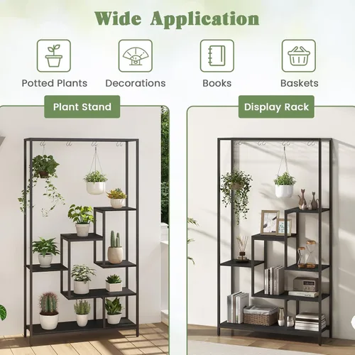Vista 4 de Soporte para plantas de 6 niveles para interiores, soporte para plantas de 70.9 pulgadas de alto con 10 ganchos colgantes en S, estante de metal