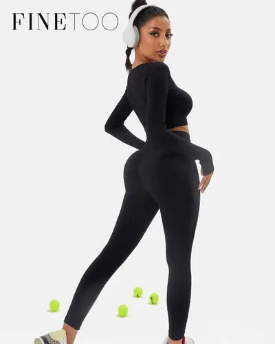 Vista 3 de FINETOO Conjuntos de entrenamiento para mujer, 2 piezas, de manga larga, para yoga, sin costuras, acanalada, con cintura alta, leggings XS-L