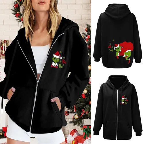 Vista 3 de Yubnlvae Womens Christmas Grinchs Sweatshirts Casual Full Zip Up Crewneck Long Sleeve Shirts Winter Lightweight Loose Hoodies