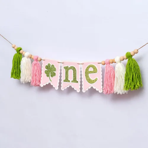 Vista 6 de Cartel para silla alta del Día de San Patricio, suministros para fiesta de primer cumpleaños, letrero de trébol de cuatro hojas, accesorios de fondo