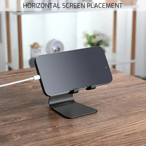 Vista 5 de Soporte plegable negro para teléfono celular de aleación de aluminio, soporte de teléfono de metal de mesa con ángulo ajustable por eje giratorio
