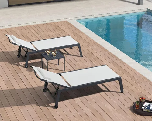 Vista 23 de PURPLE LEAF Juego de sillas de lounge al aire libre de gran tamaño de 3 piezas para patio, tumbona para piscina, estructura de aluminio con mesa