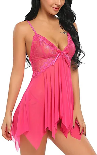 Vista 7 de Babydoll - Lencería de peluche para mujer, sexy, con abertura, malla, encaje, exótico, travieso, con tanga, lencería para mujer