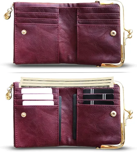 Vista 23 de AOXONEL Cartera para mujer, pequeña, Rfid, compacta, plegable, de piel, vintage, con cremallera y cierre de beso