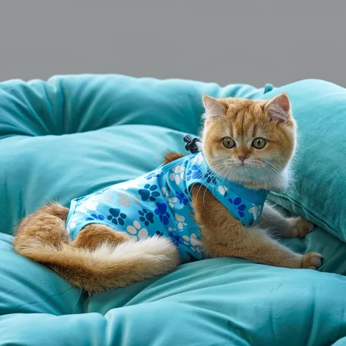 Vista 7 de Traje de recuperación para gatos: Traje de poscirugía azul suave para gatos con diseño de huella de pata - Traje de recuperación elástico