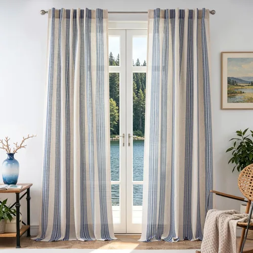 Vista 51 de DriftAway Cortinas de estilo granja con rayas verticales de lino mezclado texturizado con filtro de luz semitransparente para sala de estar