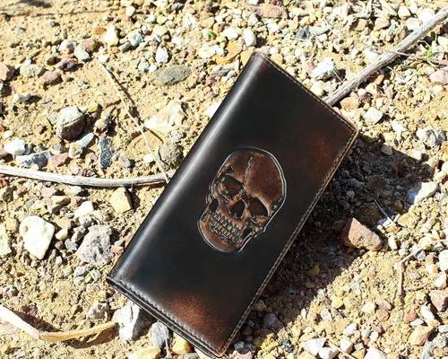 Vista 2 de DK86 Cartera larga plegable para hombre cuero de grano completo con pulido a mano bloqueo RFID Calavera C