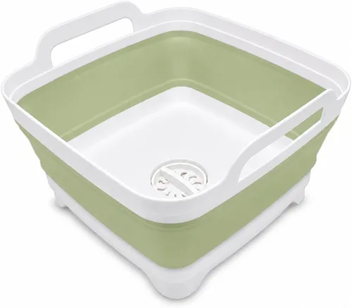 Vista 12 de Lavaplatos plegable de 2.4 galones (9L) con tapón de drenaje, para exteriores, multiuso, ahorro de espacio, bandeja de almacenamiento de cocina