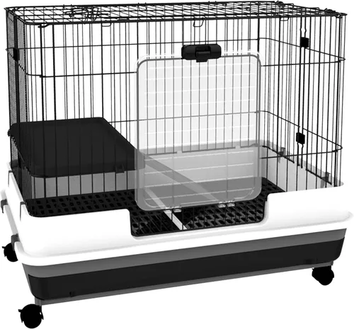 Vista 14 de Jaula para animales pequeños de 6 niveles PawHut con ruedas, bandeja extraíble, plataforma y rampa para conejos, chinchillas, hurones, color negro