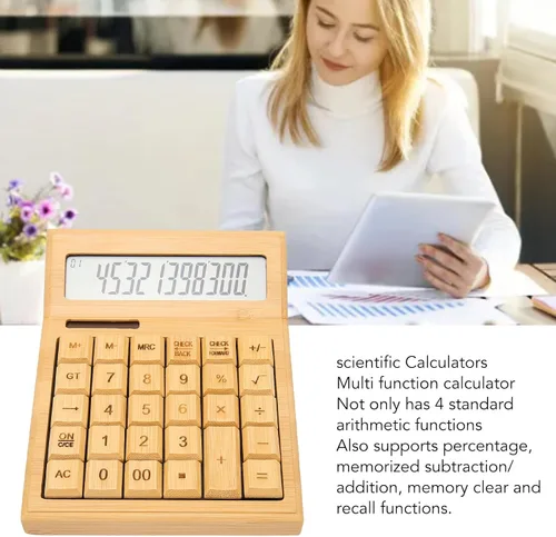 Vista 2 de Zopsc Calculadora de bambú, calculadoras solares de madera con pantalla LCD digital de 12 bits, calculadoras de escritorio de función estándar