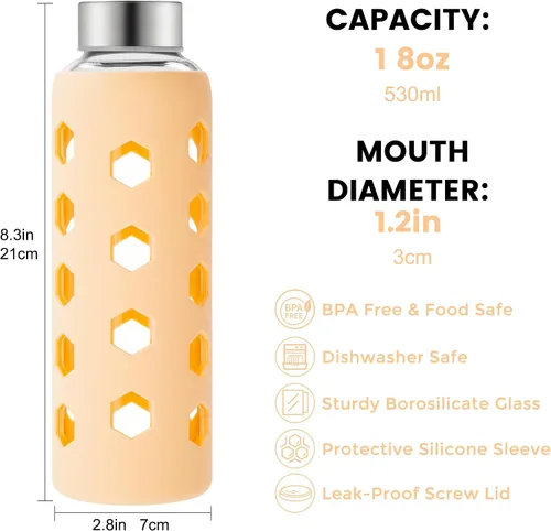 Vista 2 de Mrsdry Botellas de jugo de vidrio con tapas y fundas de silicona de 18 onzas, paquete de 4 botellas de agua reutilizables de vidrio transparente