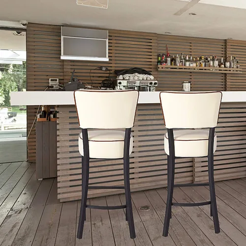 Vista 2 de Taburete de bar tapizado de 29 pulgadas con patas de acero, taburetes acolchados de piel sintética con respaldo beige