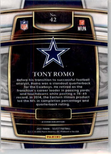 Vista 2 de 2021 Panini Select #42 Tony Romo Concourse Dallas Cowboys NFL Football Trading Card