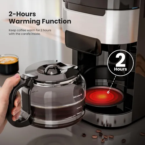 Vista 3 de Electactic Cafetera de goteo de 10 tazas con molinillo integrado, moler y preparar programable, máquinas de café con pantalla táctil LED