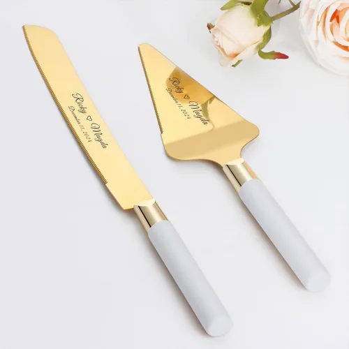 Vista 6 de Juego de corte de pasteles personalizado para bodas, cuchillos de pastel y servidor, grabado gratis, cortador de pastel de postre de madera Plateado