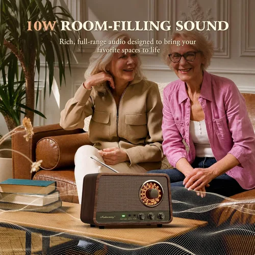 Vista 11 de Radio Bluetooth AM FM de madera vintage, sonido potente de 10 W