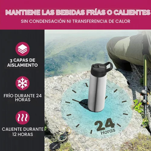 Vista 3 de FineDine Botellas de agua aisladas de triple pared con popote, botella de metal de acero inoxidable de 25 onzas con 3 tapas a prueba de fugas