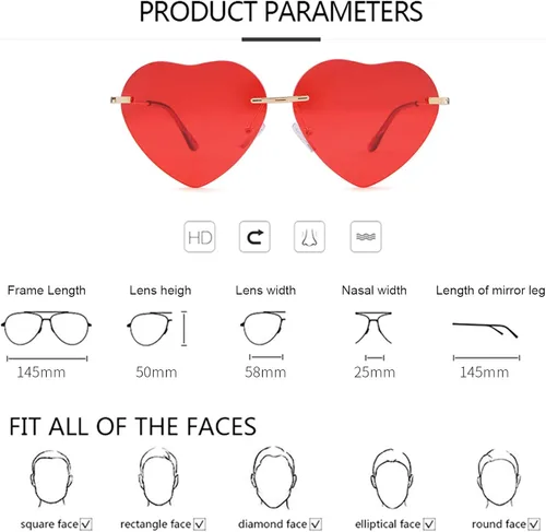 Vista 5 de ADE WU Heart Shaped Sunglasses Red Pink Blue Heart Glasses Rimless Trendy Colored Tinted Lens