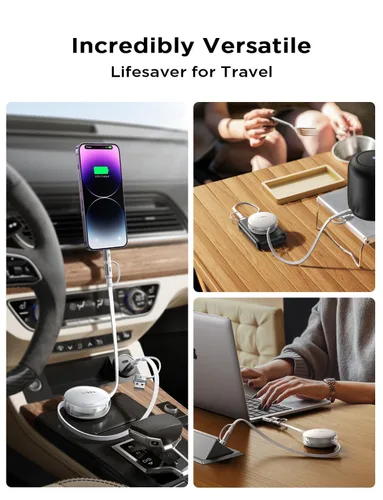 Vista 6 de LISEN Cable de carga retráctil 5 en 1, cable de carga múltiple de 60 W con puertos USB-C/A/L, cargadores retráctiles para múltiples dispositivos