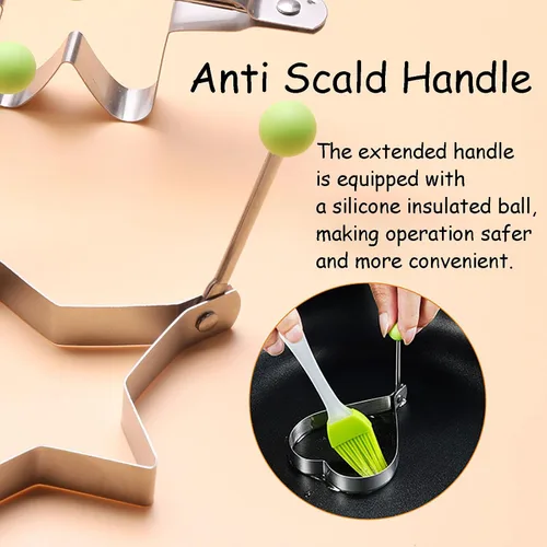 Vista 3 de Anillo de molde de huevo frito, 9 anillos de molde para panqueques de huevo con mango aislado, acero inoxidable, 9 anillos de huevo moldeadores