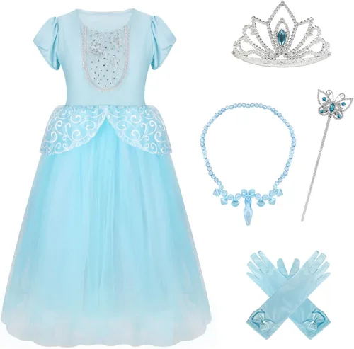 Vista 6 de Disfraz de princesa para niñas, color azul, manga abombada, cumpleaños, Halloween, cosplay, falda de baile