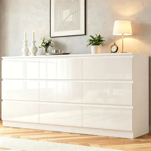 Vista 11 de Cómoda de 12 cajones con estación de carga, cómoda grande moderna con 12 cajones sin asas, cómoda de almacenamiento de madera para dormitorio, sala