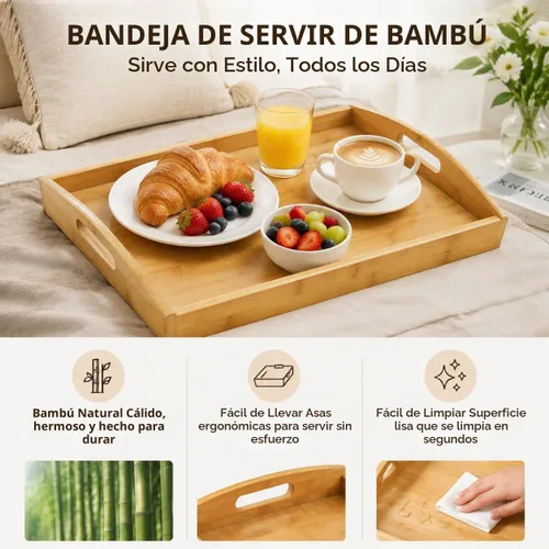Vista 4 de Peohud Paquete de 4 bandejas de bambú para servir con asas, bandeja rectangular de comida de cocina para comer, bandejas de cena para comer
