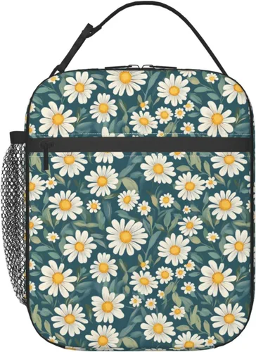 Vista 17 de Lonchera con diseño de margaritas para mujeres, niños, niñas y hombres, lonchera aislada, bolsa de almuerzo para adultos, bolsa de almuerzo